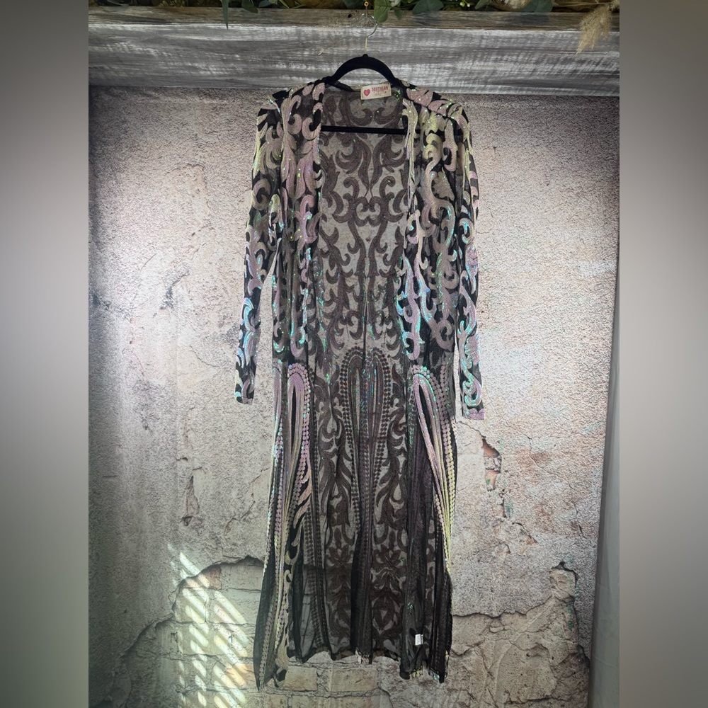 southern fried chics XL Sheer Patterned Long Cardigan  A541